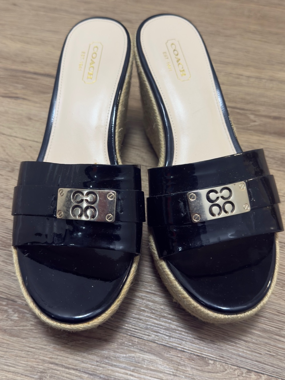 Y2K Coach platform Black Patent Leather Slide Sandals with Gold Accent